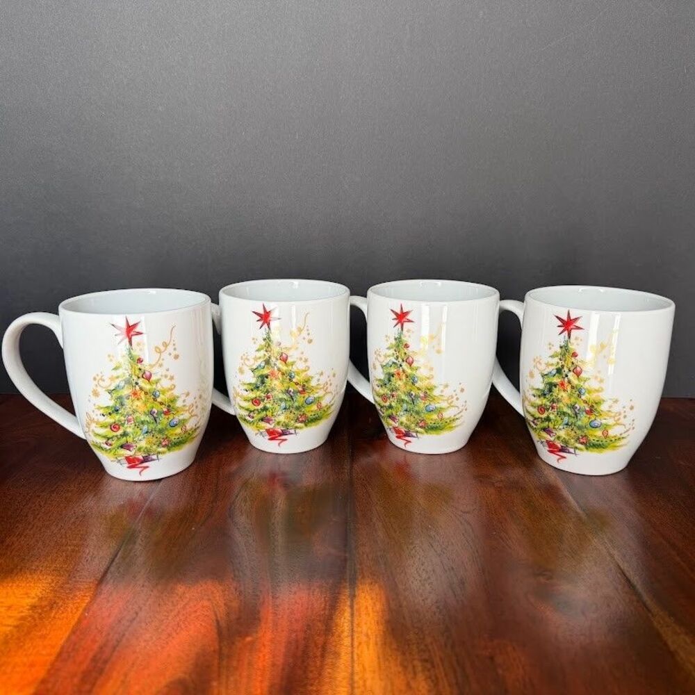 Pottery Barn Christmas Tree Mugs, Set of Four, with Box